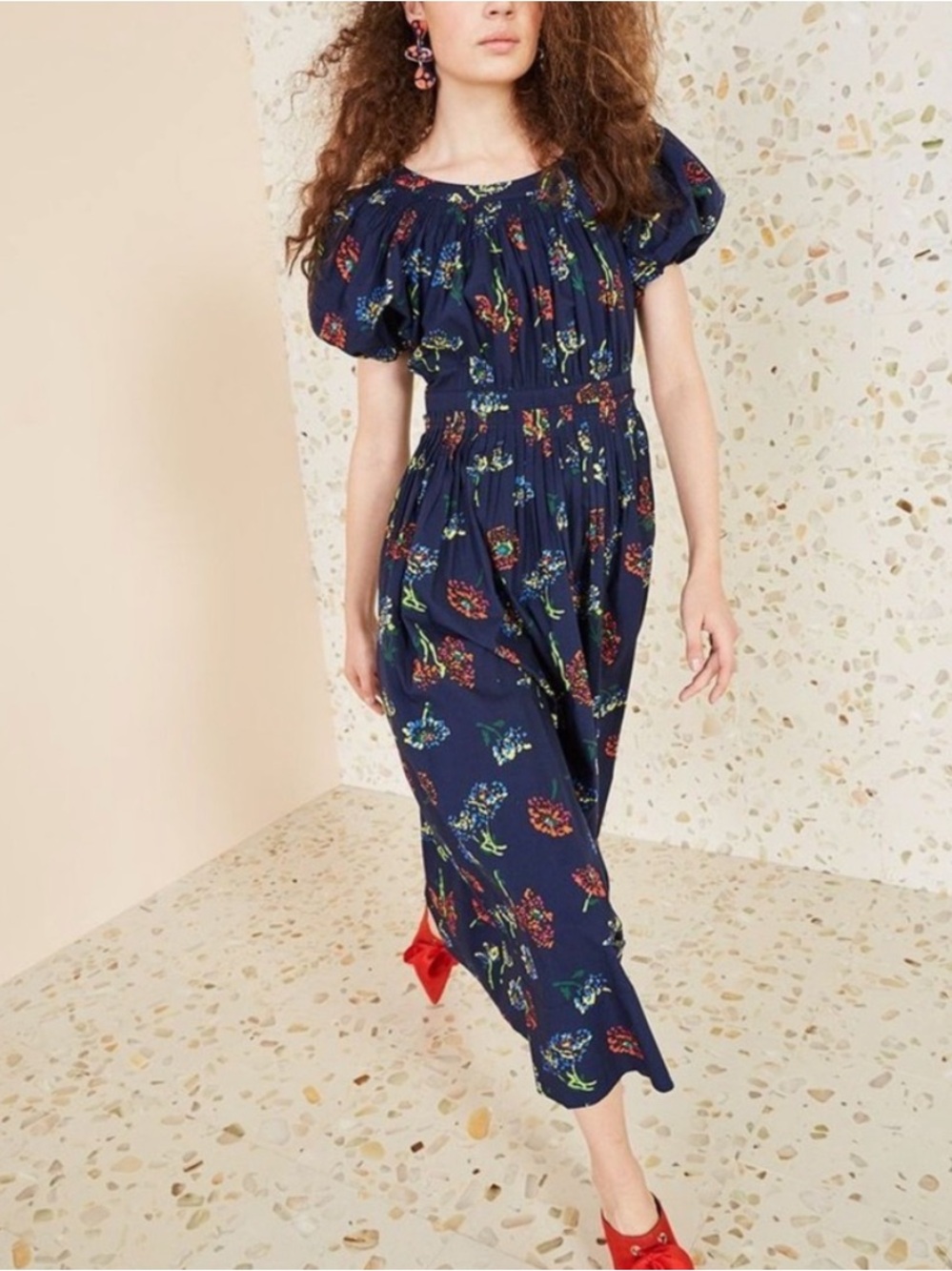 ULLA JOHNSON Gallia Midi Dress in Midnight Floral Sz 0 Puff Sleeve Handmade Boho